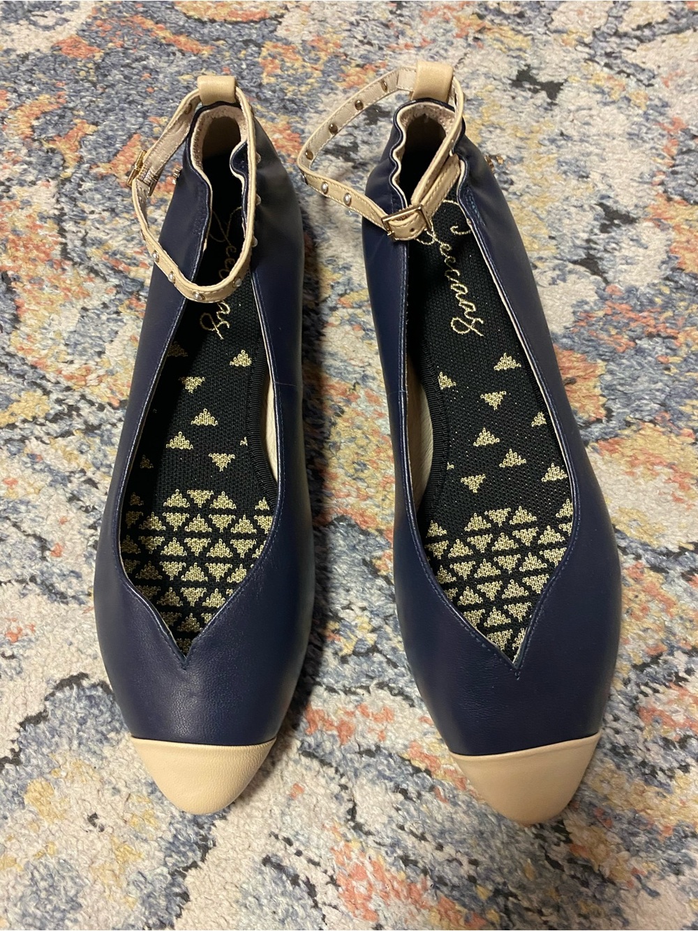 Navy and Beige Ankle-Strap Flats with Pointed Toe Cap